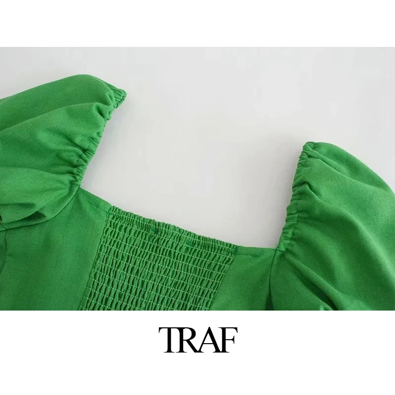 

TRAF Summer Chic Dress 2021 Fashion With Buttons Women Solid Green Dress Pleated Puff Short Sleeve Ladies Casual Midi Dress