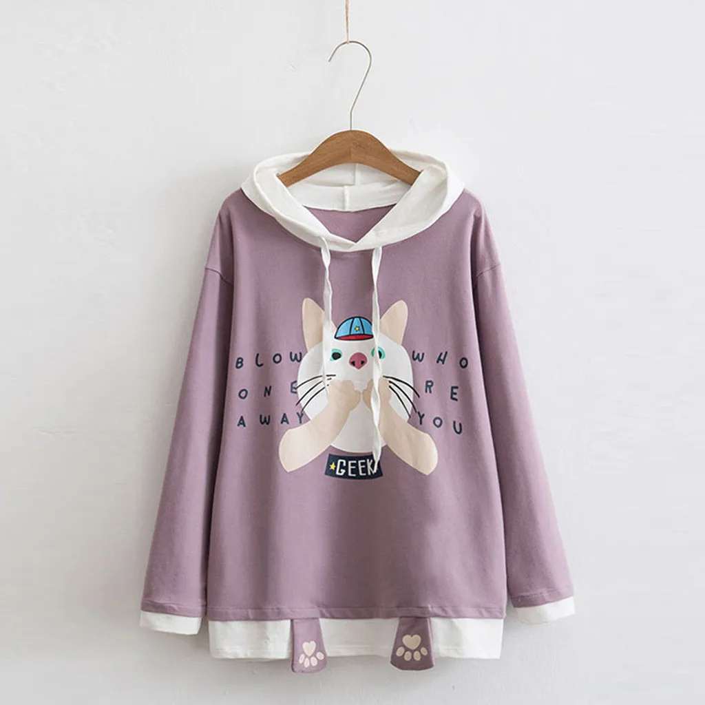 Женский свитер с капюшоном и принтом в виде кота из страуса популярный длинными