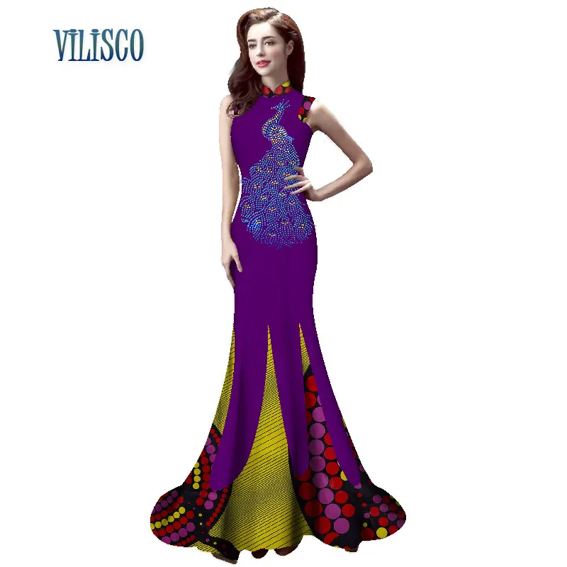 

African Print Embroidery Flower Dresses for Women Vestidos Bazin Mandarin Collar Mermaid Dress African Women Clothing WY2832