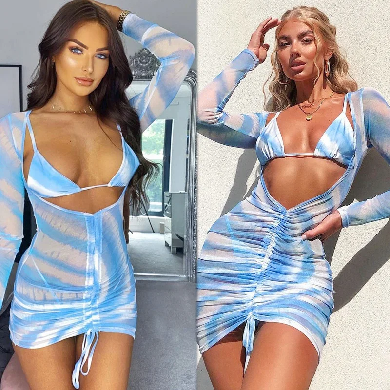 

Mesh See-Through Long Sleeve 2 Pieces Bra Mini Dress Ruched Bandage Women Streetwear Outfit Swimwear