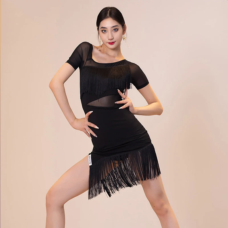 

Женское платье для латиноамериканских танцев, с коротким рукавом и бахромой