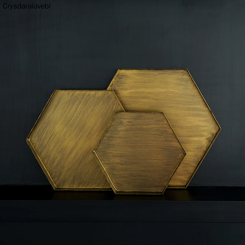 Винтажный Золотой шестиугольный поднос металлическая железная тарелка