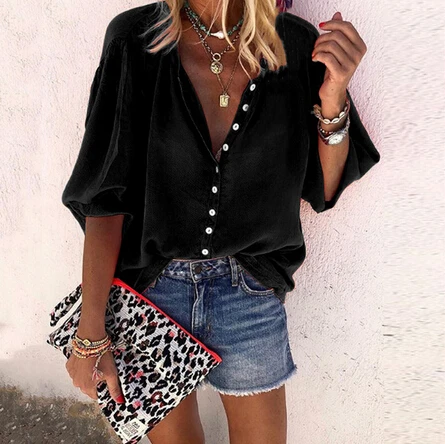 Женская однобортная блузка на пуговицах с V образным вырезом и рукавом 3/4 осенние