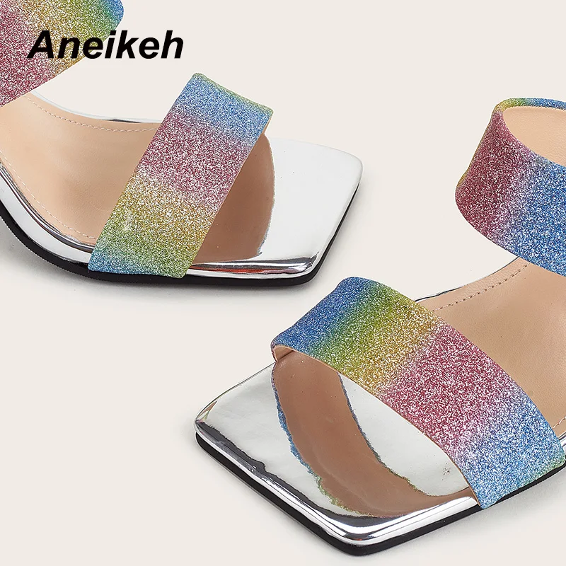 

Aneikeh Summer Women Shoes Slippers PU Bling Thin Heels Outside Square Toe Color Slides Size 35-42 Mixed Colors Fashion 2021 New
