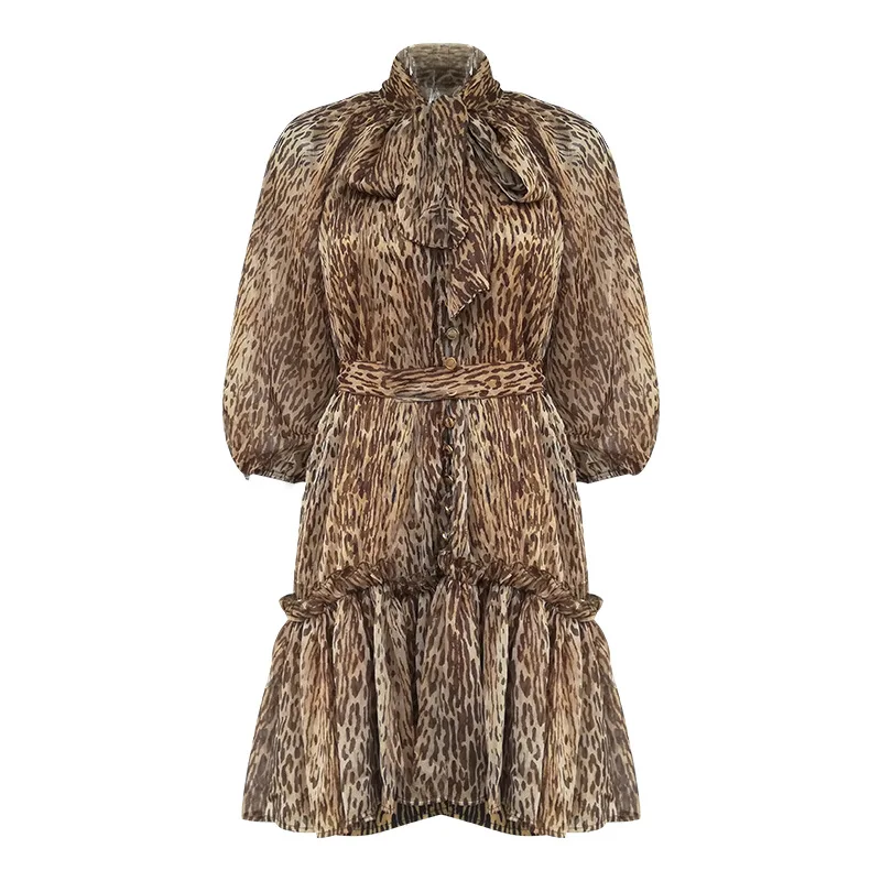 Леопардовое Платье женское винтажное подставка с воротником осеннее платье 2019