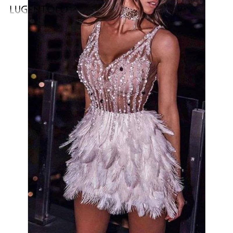 

Сексуальное женское платье Lugentolo, с V-образным вырезом, без рукавов, с перьями, приталенные вечерние платья, женское вечернее платье без рука...