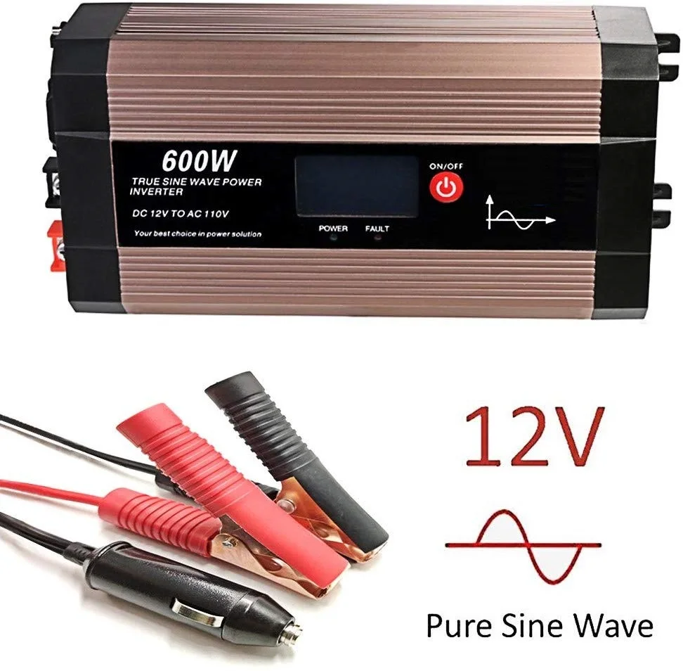 Power Inverter Pure Sine Wave 600 Watt 12V DC to 110V 230V with LCD Display, Dual AC Outlets and USB Port, Perfect for Emergency Power Inverter Pure Sine Wave 600 Watt 12V DC to 110V 230V with LCD Display, Dual AC Outlets and USB Port, Perfect for Emergency