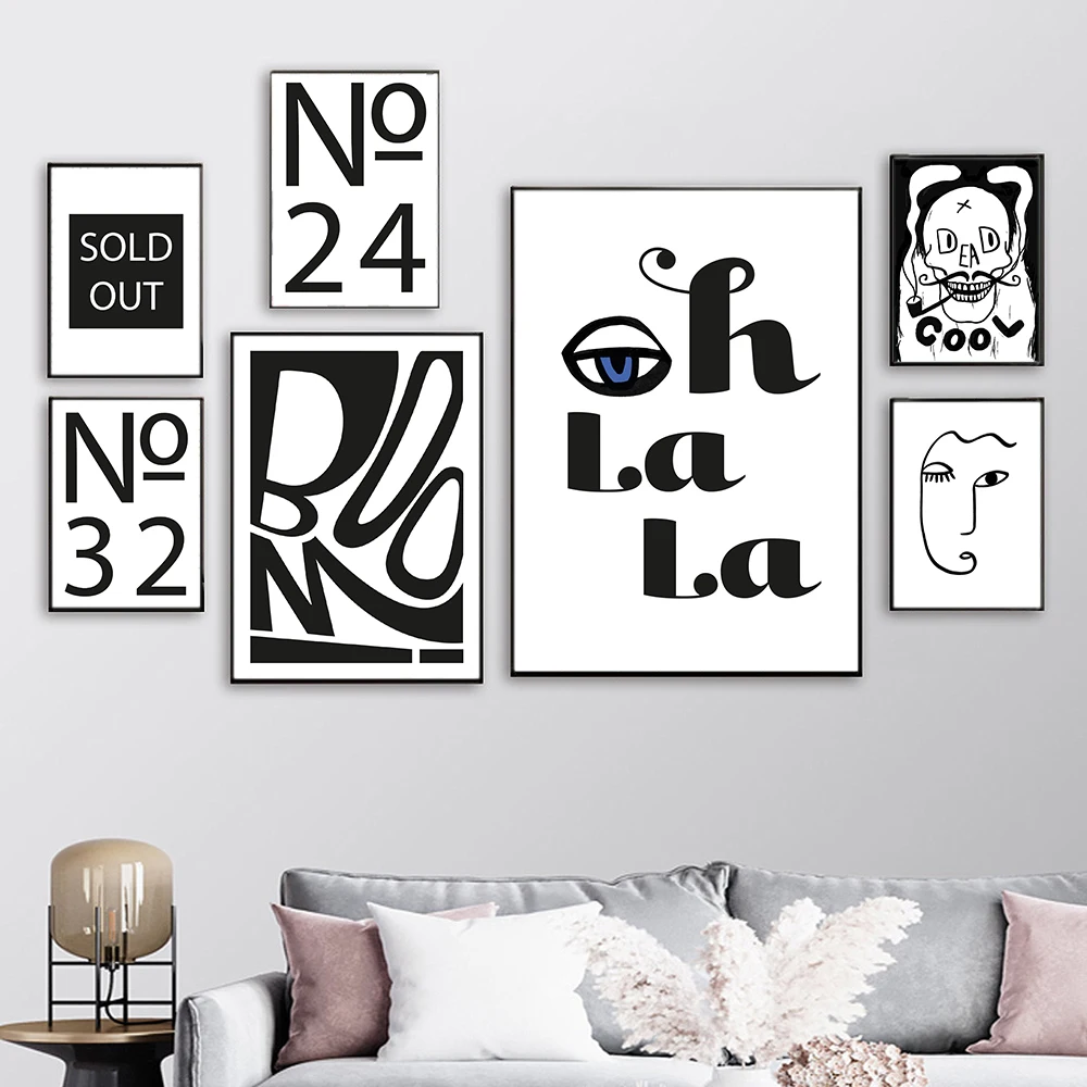 

Modern Minimalist Typography Abstract Skull Black White Line Poster Wall Art Prints Cool Fun Canvas Painting Living Home Decor