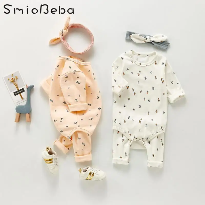 

2021 Korean Version Newborn 3PCS Sets Jumpsuits Pants Bow Headband Baby Climbing Printed Bottomed Khaki Rompers+ Trousers + Hat