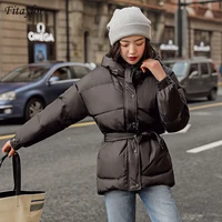 fitaylor new winter female cotton jacket coat elegant women button belt outwear casual thick warm hooded coat
