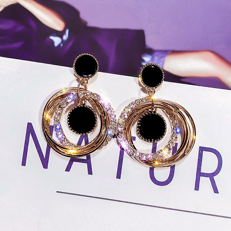 FYUAN Fashion Gold Color Multilayer Circles Geometric Drop Earrings Black Round Rhombus Star Crystal Earrings lady Party Jewelry