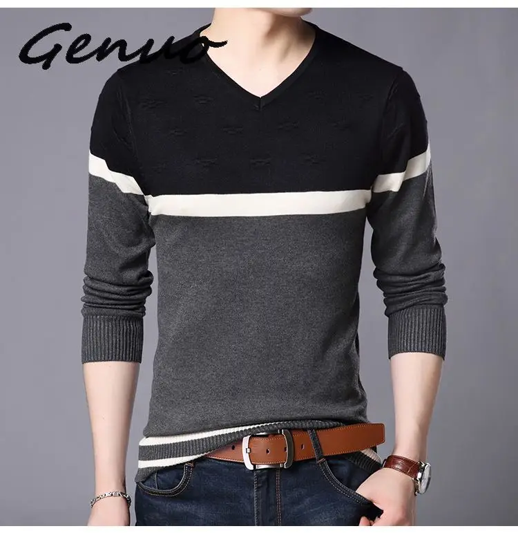 

Genuo, новинка 2019, весна-осень, хлопковый свитер, мужская рубашка трикотажная, мужские кашемировые свитера, Pull Homme, повседневный пуловер с v-обра...