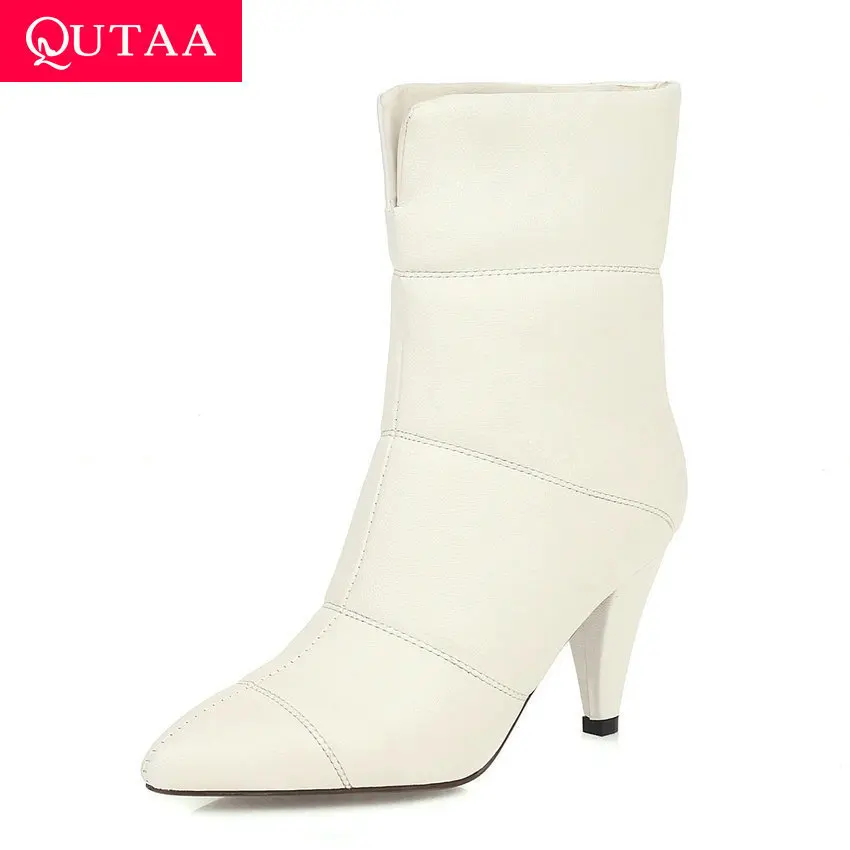 Женские ботильоны с острым носком QUTAA черные из искусственной кожи на высоком