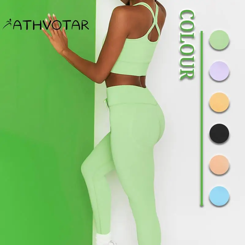 

ATHVOTAR Fitness 2 Piece Suit Women Sportswear Stretch Yoga Set Casual Cycling Sets Running Push Up Breathable Sports Tracksuit