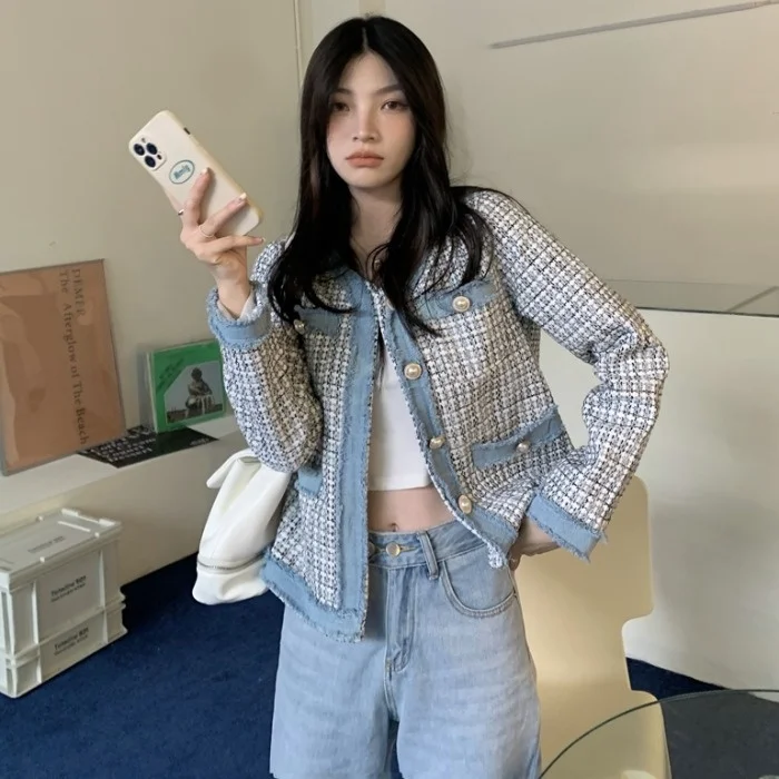 Tweed Tassel Edge Short Stitching Coat 2021autumn Retro Casual Fashion Top Women Rac | Женская одежда