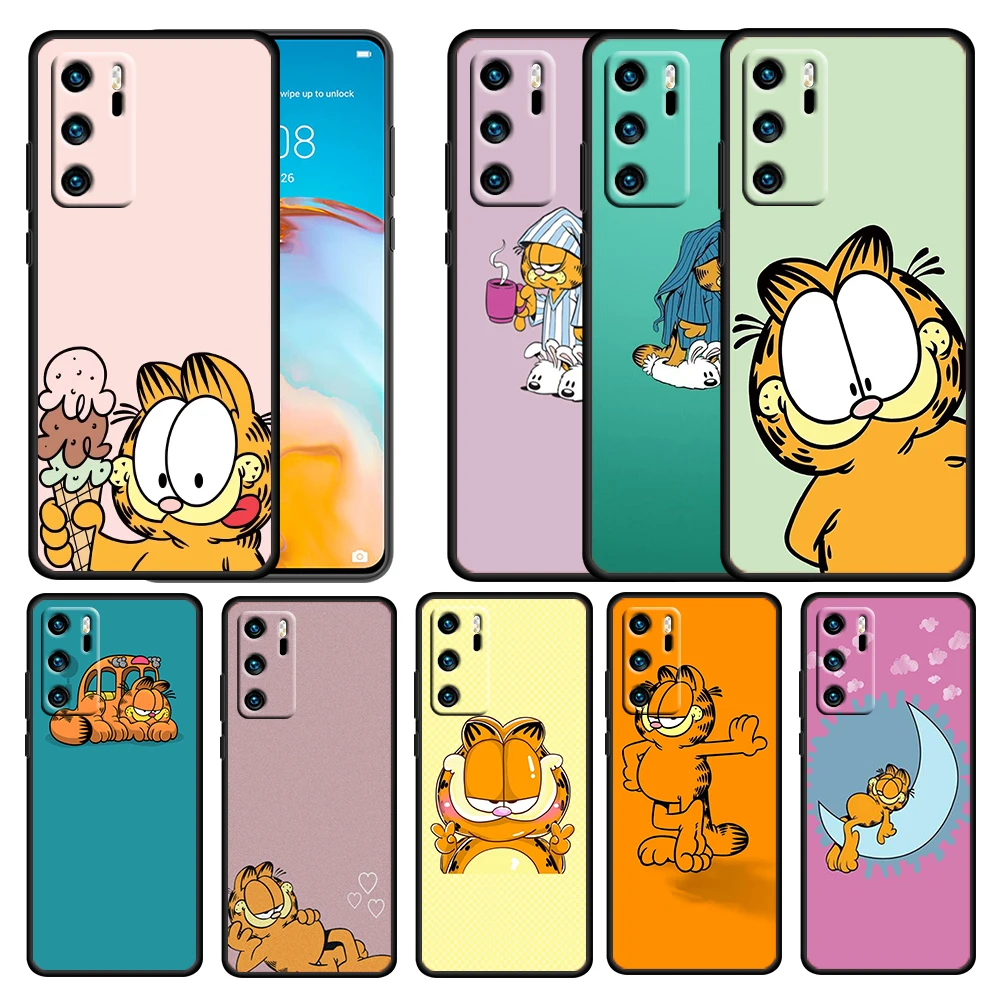 

Cartoon Lazy Cat Cute for Huawei P50 P40 E P30 P20 P10 P9 P8 Pro Lite mini 5G Soft TPU Silicone Black Phone Case Cover