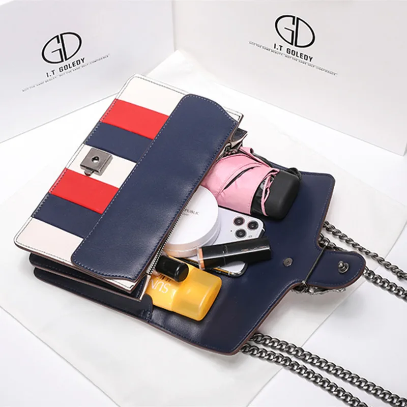 

2021 New Fashion Luxury Designer Leather Striped Chain Flap Bag High Quality Leather Crossbody Shoulder Bag Sac De Luxe Femme Gg