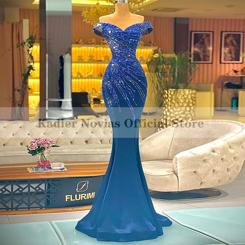 

Длинные синие вечерние платья-русалки 2021, арабское атласное платье с открытыми плечами для выпускного вечера, вечерние платья