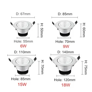 Регулируемый угол затемнения светодиодный COB вниз светильник 6W 9W 15W 18W утопленный потолочный светильник AC110V 220V вниз светильник Точечный светильник домашний декор