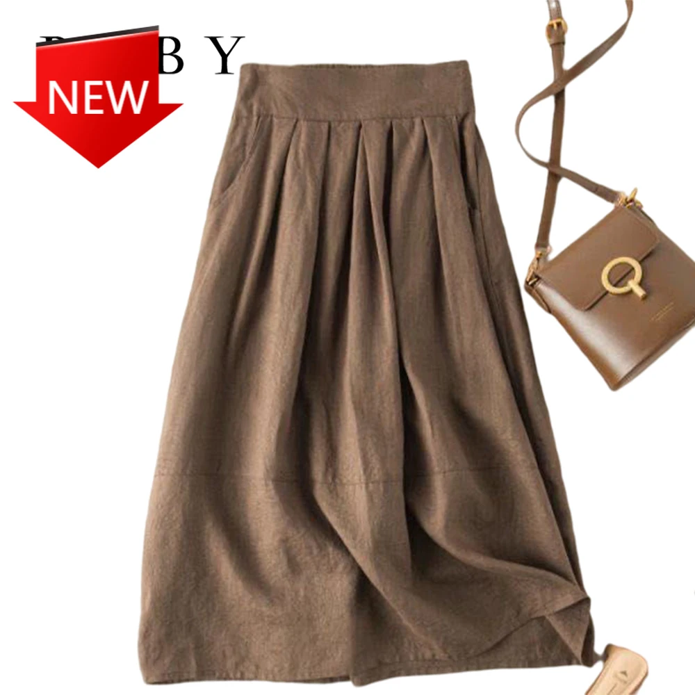 

Юбка женская трапециевидная с завышенной талией, Повседневная Свободная Удобная хлопковая, из пеньки, а-силуэт, средней длины, на лето