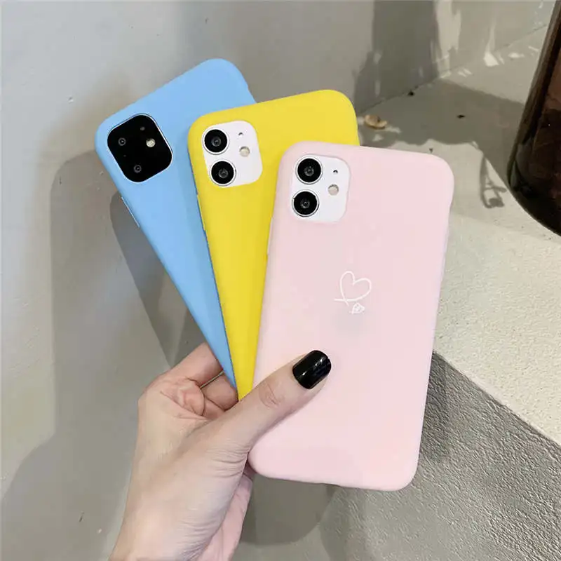

2021 Phone Case for IPhone 11 12 Pro Max X XS XR Shockproof Candy Color Love Heart Soft Silicone Cover for IPhone 11 7 8 Plus