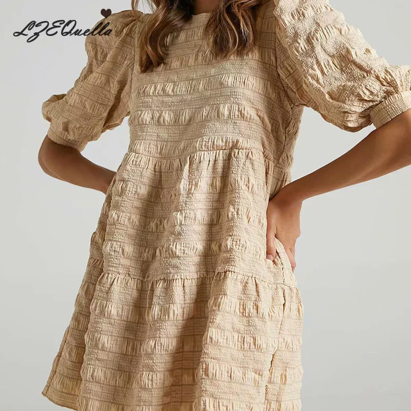 

Женское летнее платье, модель 2021 года, однотонное уличное повседневное Свободное платье с рукавами-фонариками для вечеринок, женское плать...