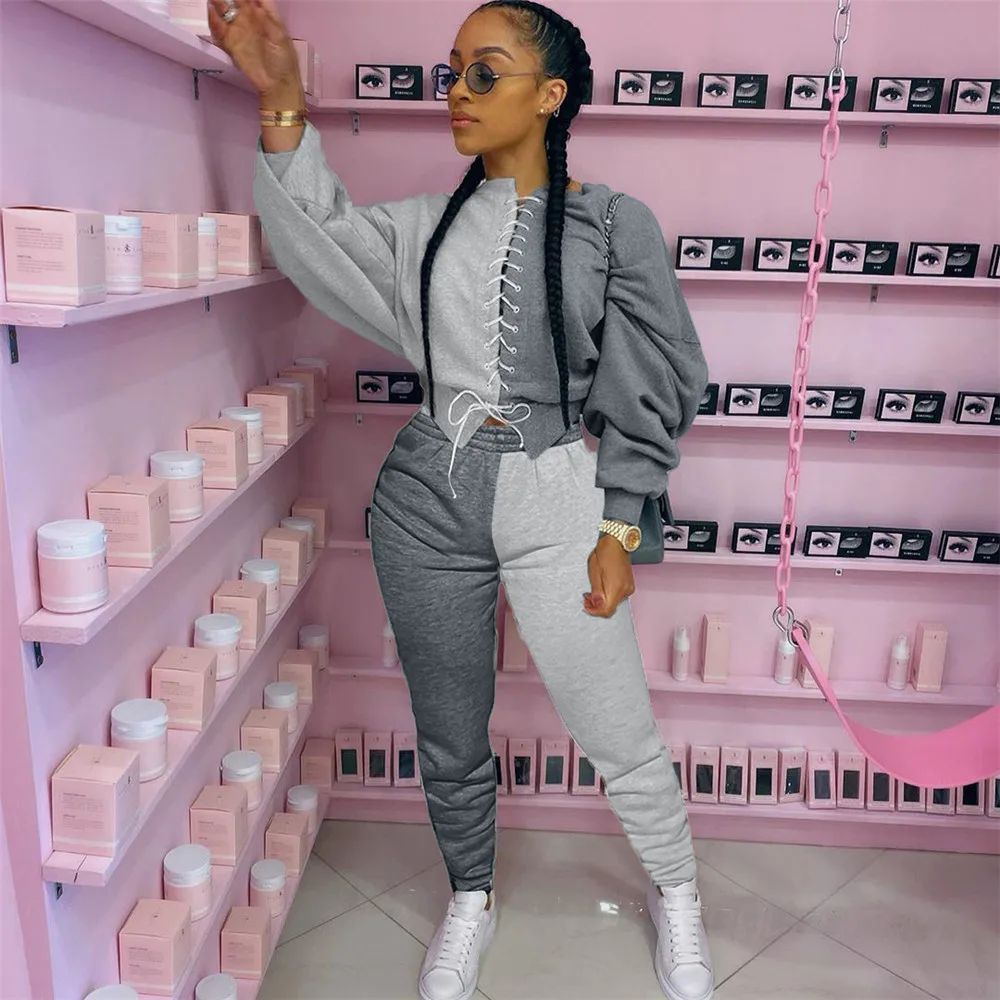 

Patchwork 2 Piece Set Fall Clothes for Women 2020 Fashion Bandage Sweatshirt Top Sweatpants Tracksuit Streetwear Club Outfits