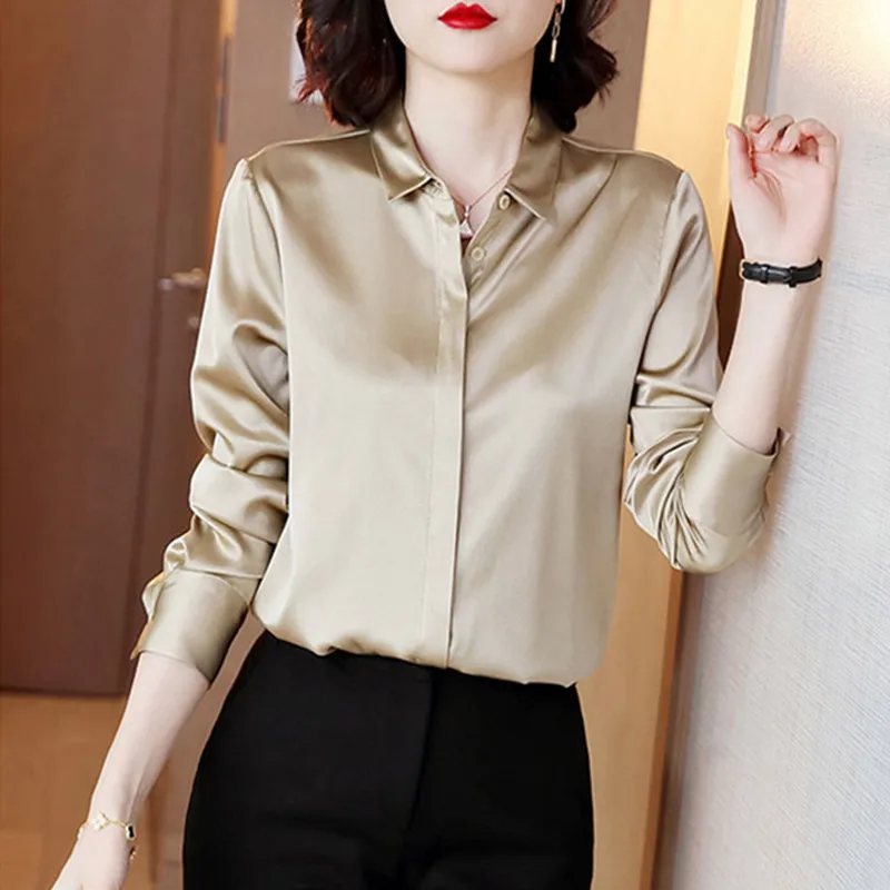 

The new 2021 summer high-end satin silk shirt women's long-sleeved large-size mulberry silk top