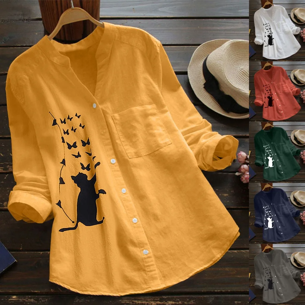 Womens Blouses Spring Tops Leisure White Shirts Cute Cat Print Button V Neck Cardigan Top Loose Long Sleeve Cotton Linen | Женская