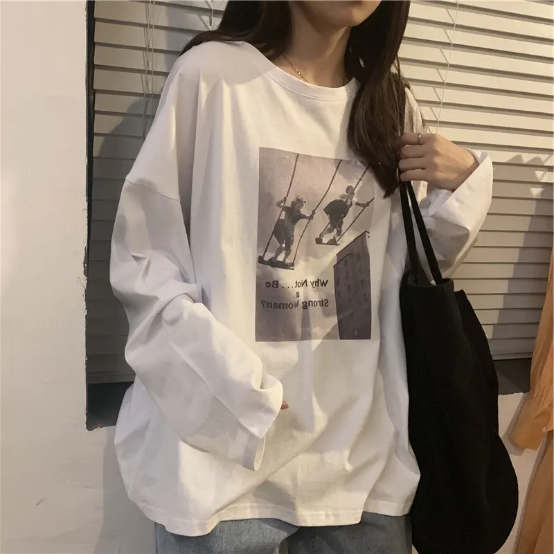 

Womens Tops Ulzzang Ins Girls All-match Casual Retro Long Sleeve T-shirts Women Spring O-neck Printed Korean Hip Hop Street Wear