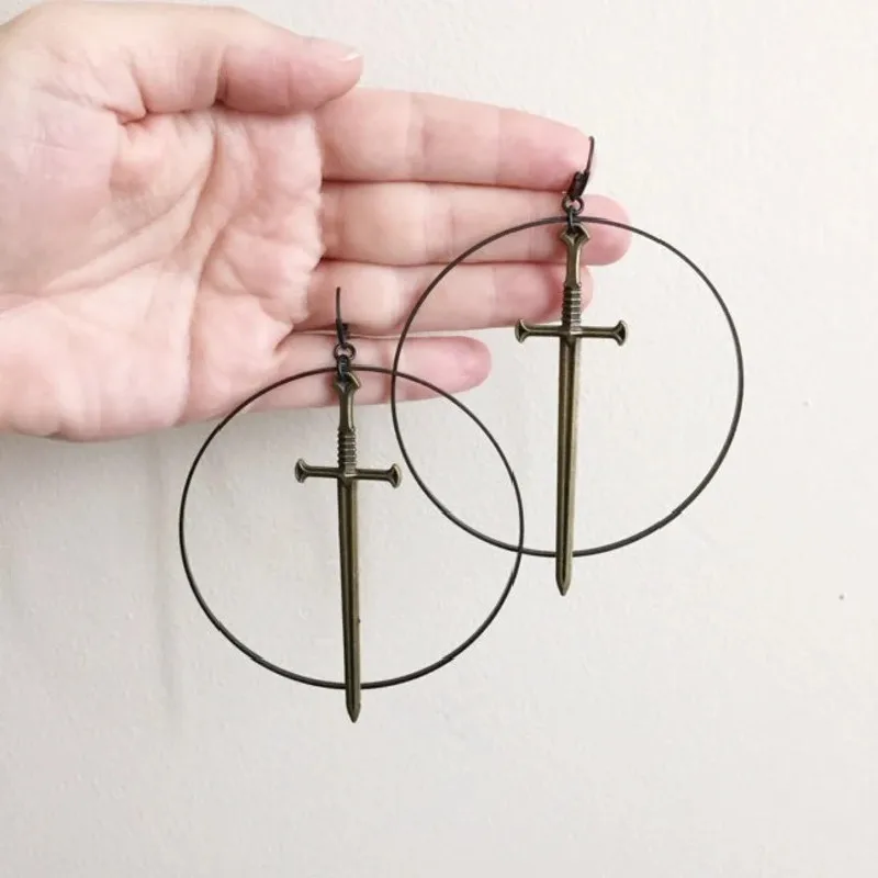 

Gothic Excalibur Statement Earrings Bronze Version Ring Sword Original Eardrop Big Sword Punk Mystical Jewellery Women Gift New