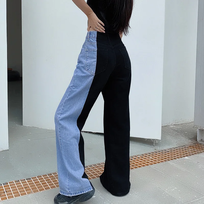 

SANGMAY Hip Pop Jeans Black Blue Contrast Straight Trousers Fashion Loose Split Pants for Women Korean High Street Style