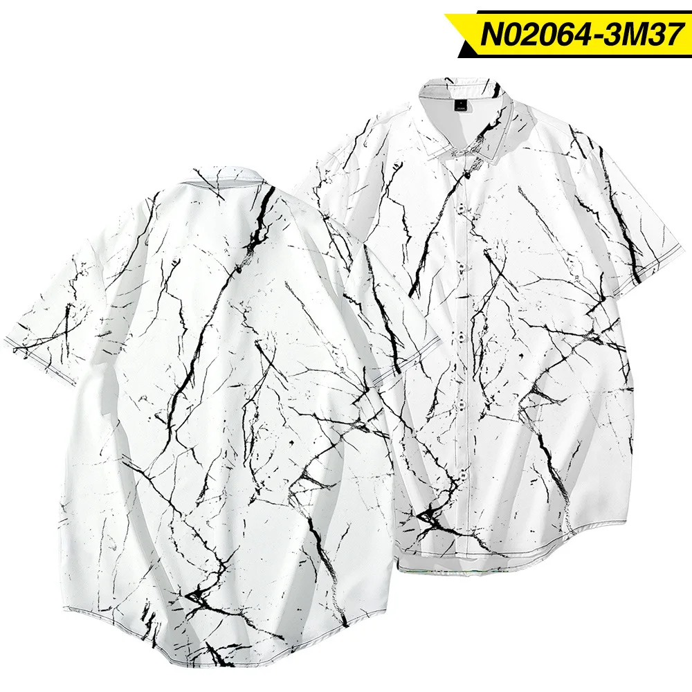Black White Line Series Men's Shirt Large Size Casual Loose Short-Sleeved Shirt Summer Beach Wear Splash Ink Printed Shirt