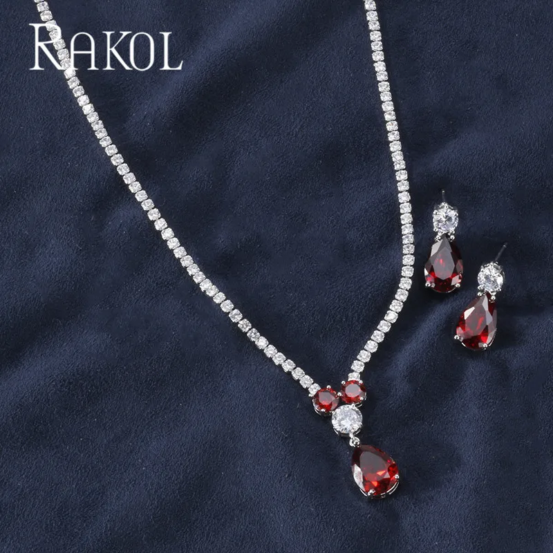 Red RAKOL Новая мода Роскошные AAA циркон форма капли воды ожерелье серьги набор украшений для женщин вечерние свадебное платье аксессуары - Окраска металла: Red