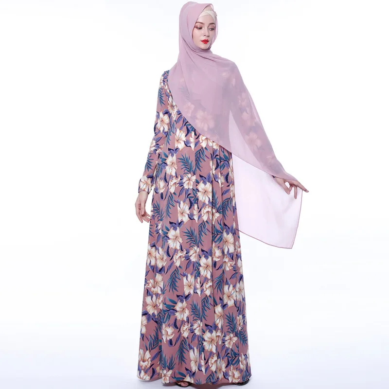 Розовый Abayas женская мусульманская одежда с цветочным принтом модные бандажные платья Хиджаб Макси мусульманское платье Бангладеш Кафтан Дубай, Турция Халат - Цвет: Розовый