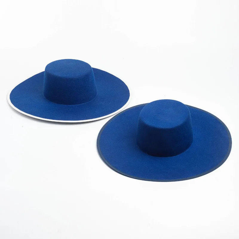 Neue Blau Echt Wolle Flache Fedora Hut Männer Wome einfarbig Große Breite Krempe Fühlte Hut Derby Party Kirche Hut einstellbare Panama Jazz Hut – Detail 2