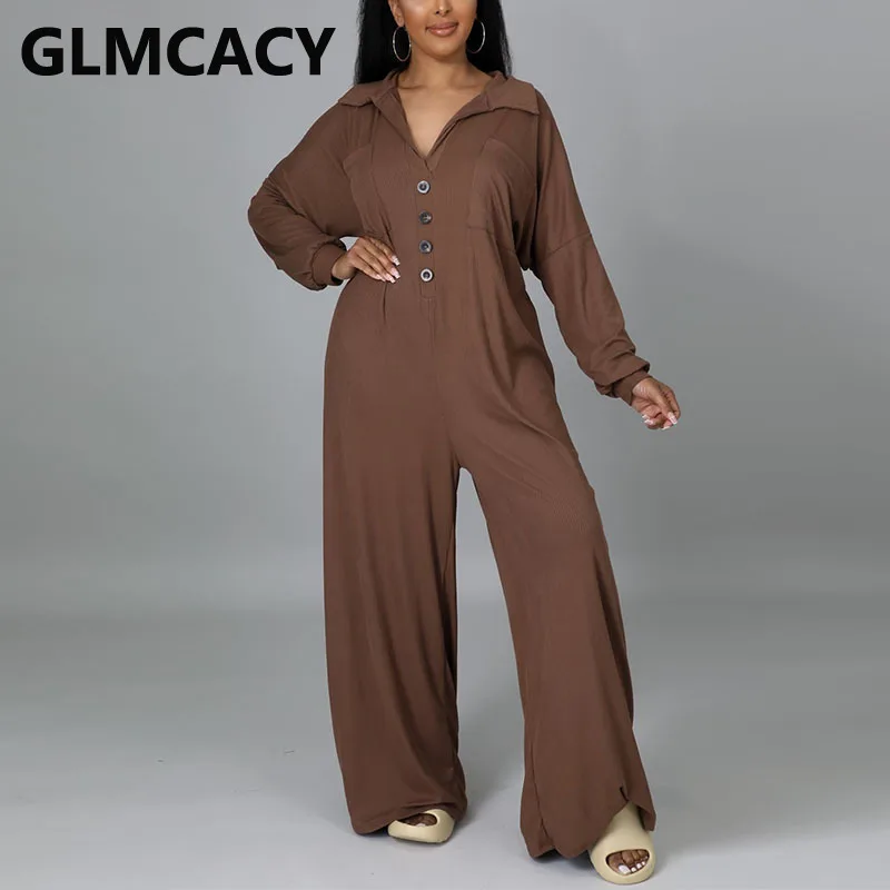 

Women Long Sleeve Button Up Casual Loose Jumpsuit Solid Color Wide Leg Overalls