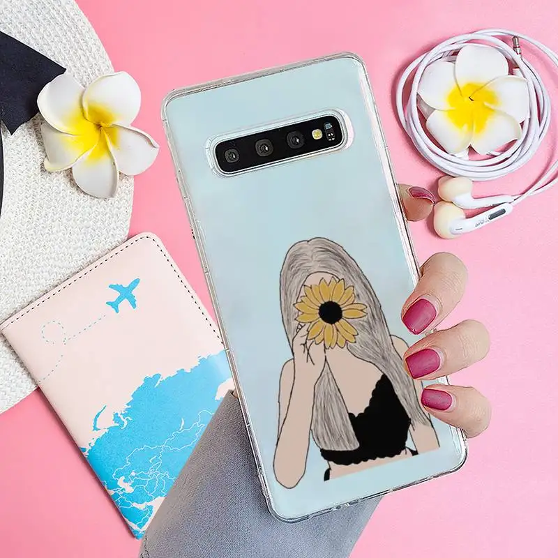 

Sunflower girl Phone Case Transparent for samsung A 21s 50 71 S 8 9 20 20fe note 10 20 ultra plus