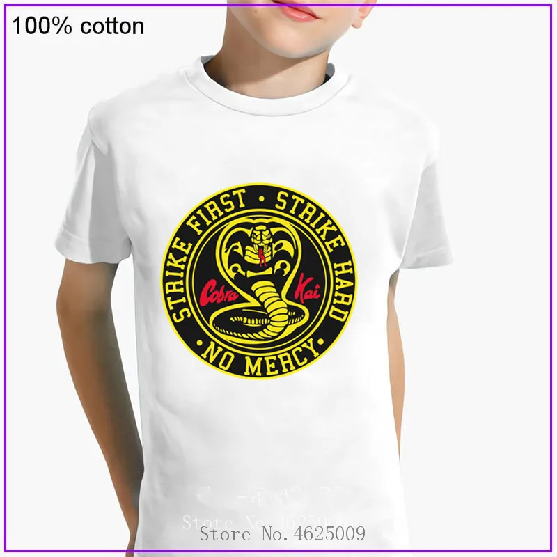 

Cobra Kai Strike First Strike Hard No Mercy Kung Fu boys girls clothes short Sleeves O-Neck Print Snake 100% Cotton kids clothes