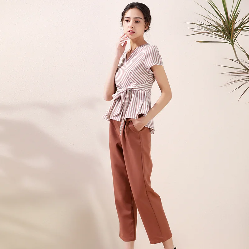 

European and American fashion 2021 women's wear small fragrance waist Striped Shirt Top + two piece fashion casual pants