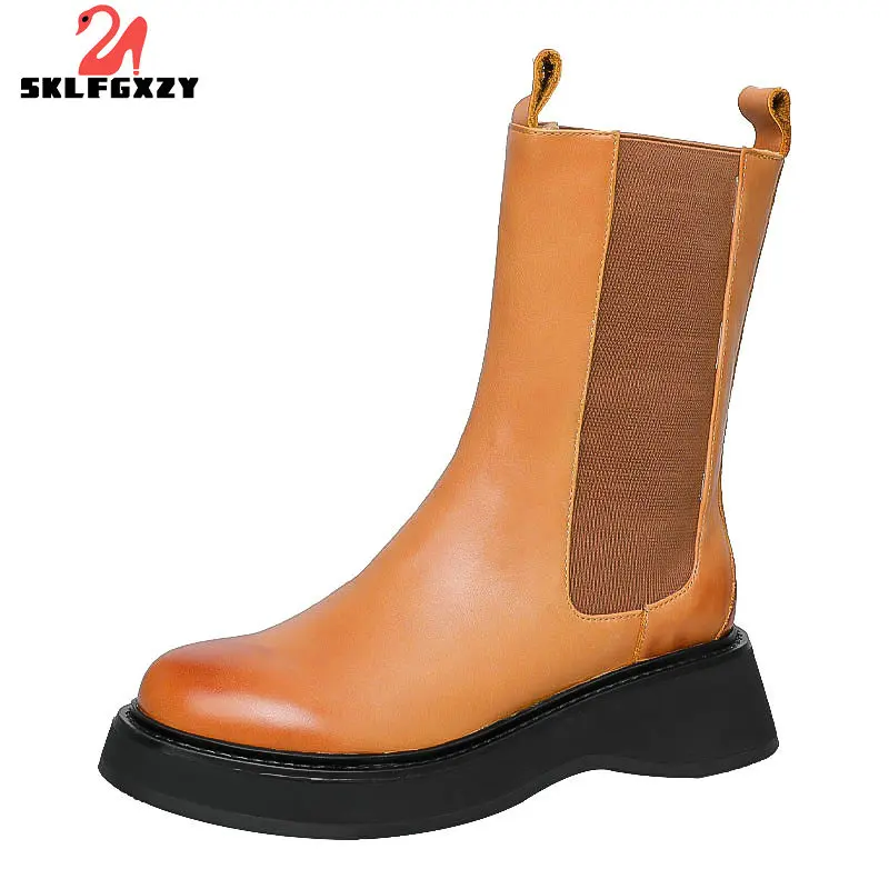 

SKLFGXZY 2021 Winter Chelsea Boots Ladies Cow Leather Shoes for Women Wedges Warm Fur Platform Snow Boots Female