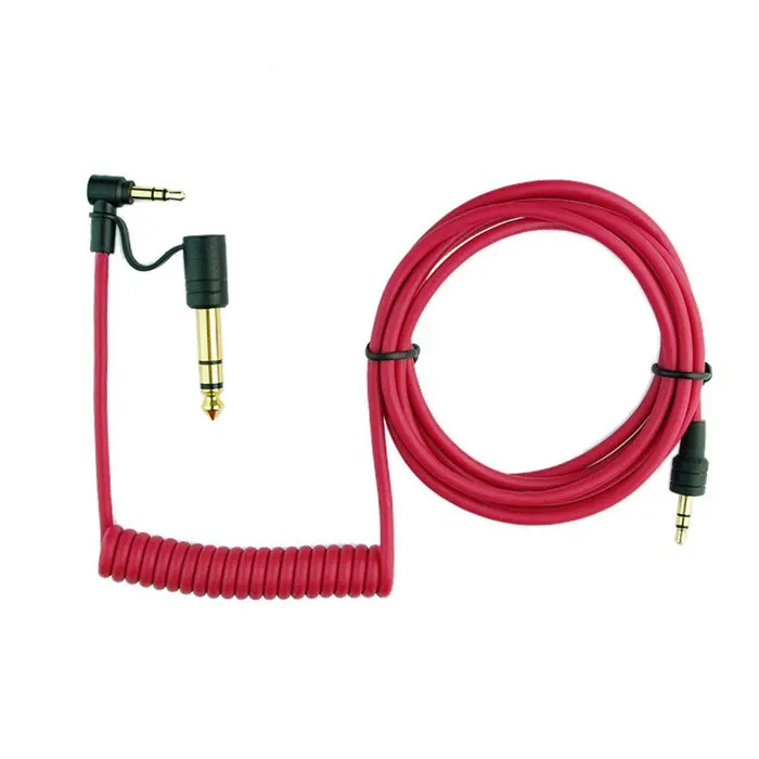 

90 degree right angled 3.5mm and 6.35mm (1/4 Inch) Stereo Audio Plug to 6.35mm (1/4 Inch) Stereo Plug Stretch Cable Red color