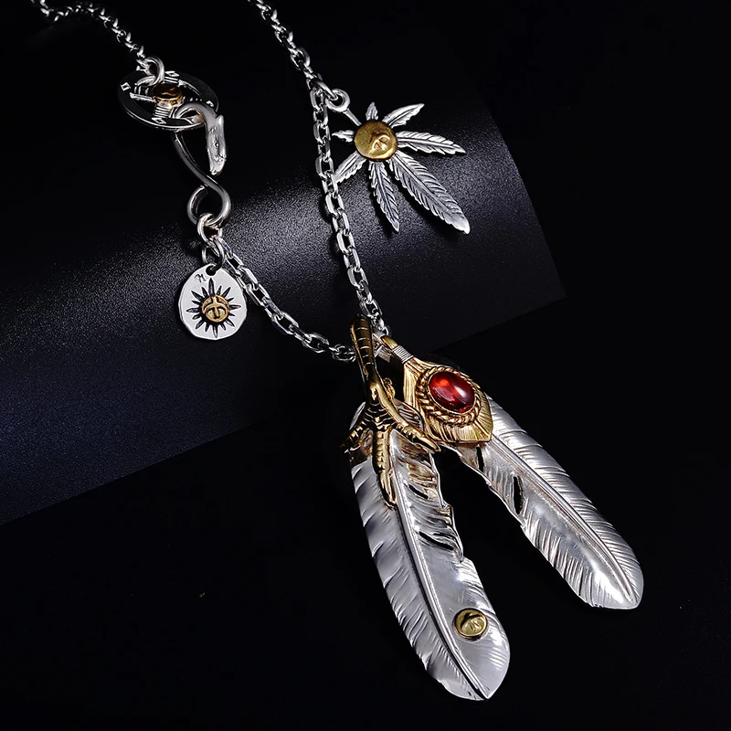 

Ожерелье из серебряного рога с изображением пожеланий ангела, длинное серебряное ожерелье Такахаси-Горо, ветровое перо, Мужская цепочка на ...