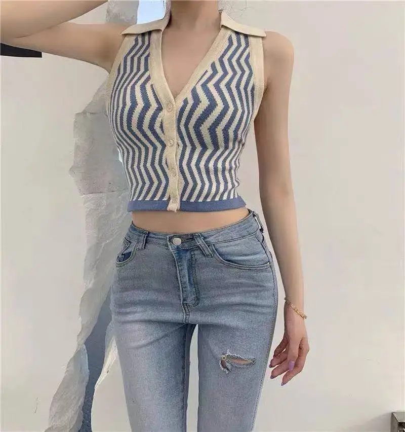 

Sexy Stripes Crop Tops for Women T-Shirts Women Backless Crop Tops Female Knitted Button Up Halter Night Club Tank Tops