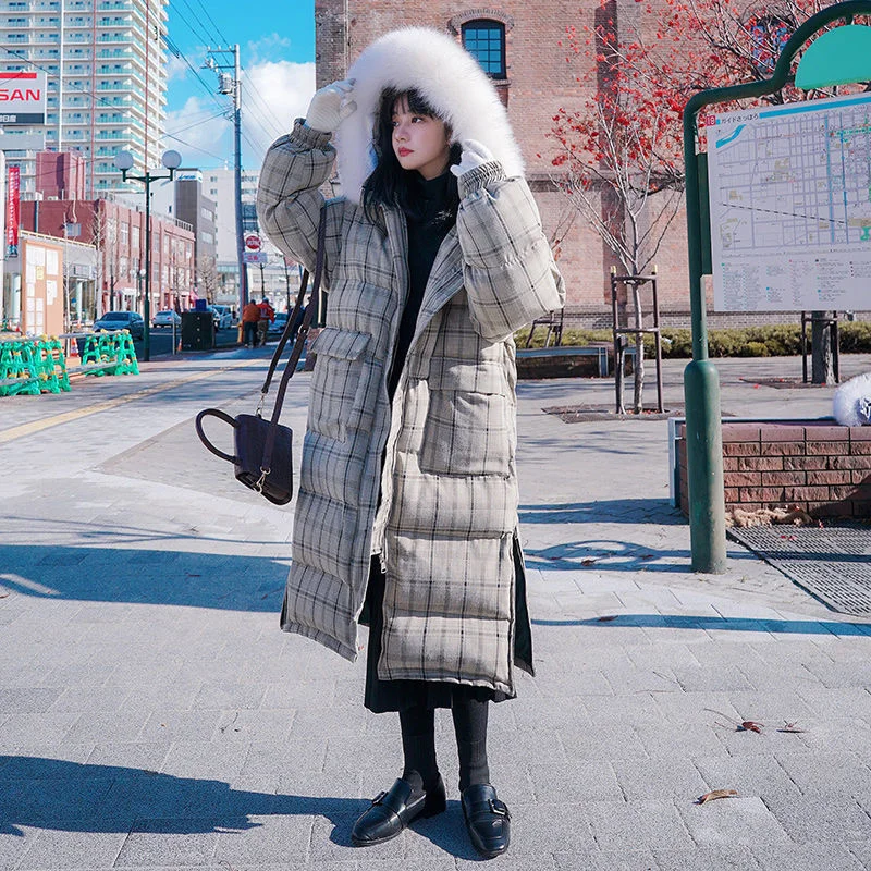 Женский пуховик с капюшоном длинное пальто в клетку из натурального Лисьего меха