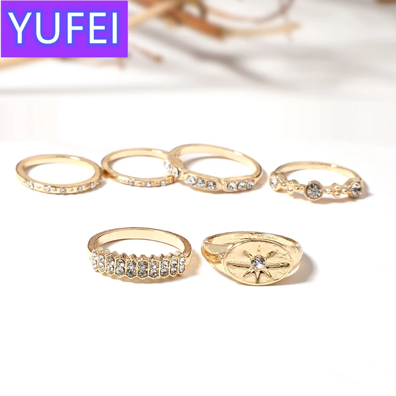 

Tocona 6pcs/Set Bohemia Antique Gold Crown Sun Rhinestone Knuckle Finger Midi Rings Set for Women Fashion Ring Jewelry 6834