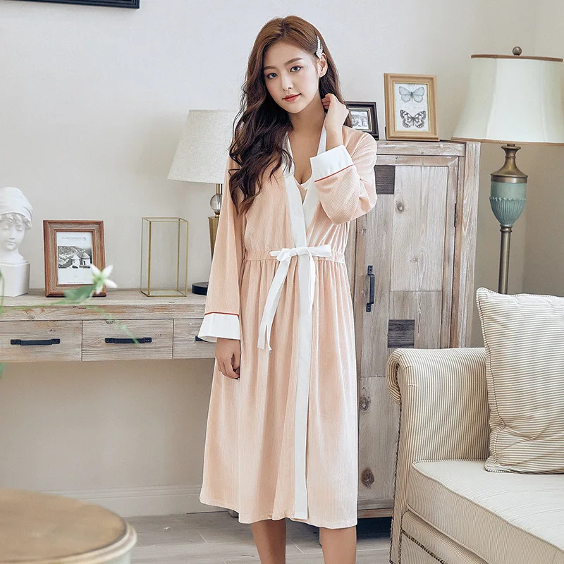 Зимние теплые золотые бархатные женские халаты 2 шт. наборы с длинным рукавом