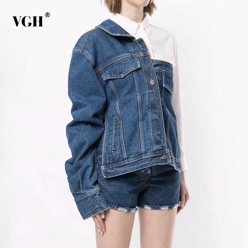 VGH Асимметричная джинсовая женская куртка на одно плечо с отложным воротником и