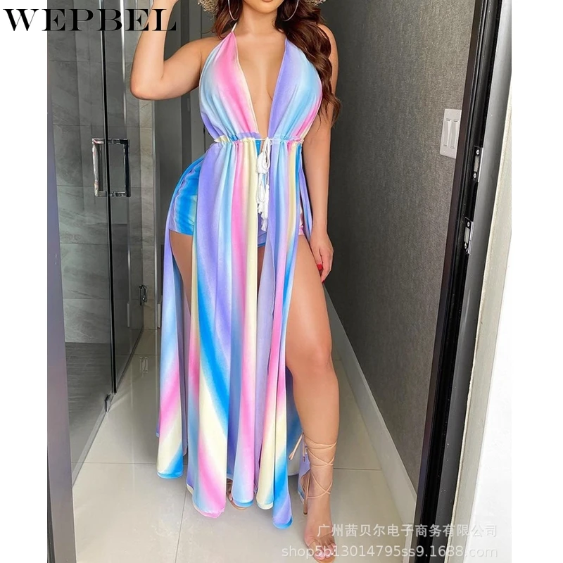 

WEPBEL Dress Women's Sexy Tie-Dye Printed Slim Dress Summer Fashion V-neck Halter Spaghetti Strap Tassel Lace Up Slit Dress