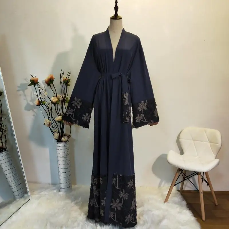

mesh patchwork abaya long sleeve dress lace up waist kaftan ramadan EID gown dubai arabic moroccan islamic muslim robe VKDR2182